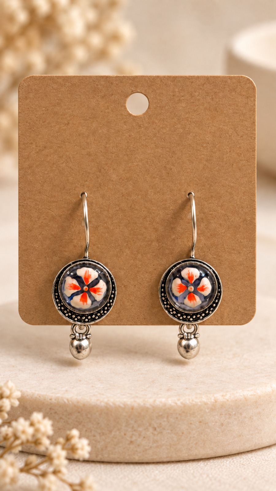Pink Floral Oxidised Silver Pearl Drop Earrings for Women