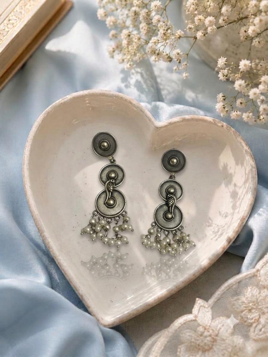 Oxidised Silver Triple Disc Pearl Tassel Statement Earrings for Women